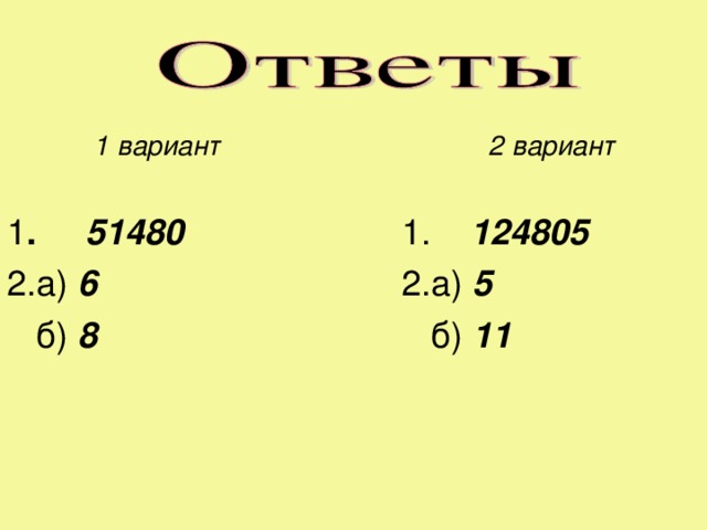 1 вариант  1 .  51480 2.а)  6  б)  8 2 вариант  1.  124805 2.а)  5  б)  11 