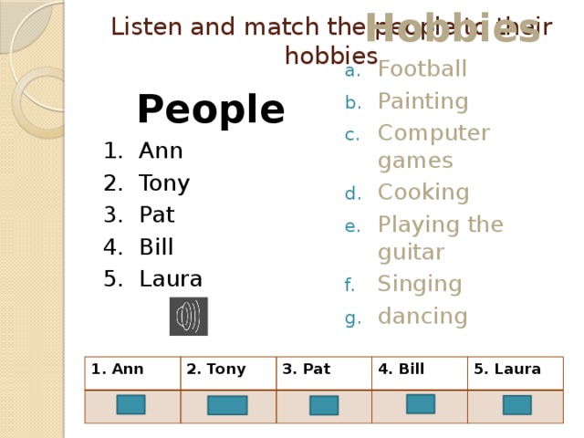 Listen and match the people to their hobbies Hobbies Football Painting Computer games Cooking Playing the guitar Singing dancing People 1. Ann 2. Tony 3. Pat 4. Bill 5. Laura 1. Ann F 2. Tony D 3. Pat 4. Bill B 5. Laura E G 
