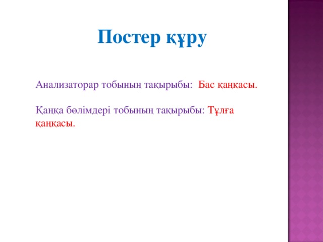 Постер құру Анализаторар тобының тақырыбы: Бас қаңқасы. Қаңқа бөлімдері тобының тақырыбы:  Тұлға қаңқасы. 