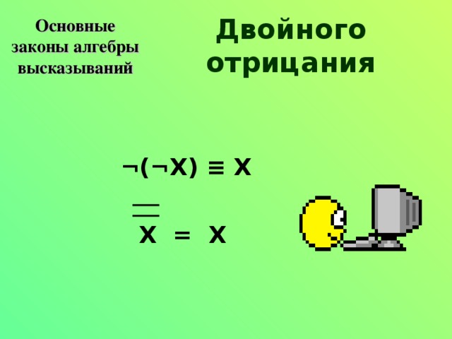 Основные законы алгебры высказываний Двойного отрицания   ¬(¬ X) ≡ X  Х = Х 