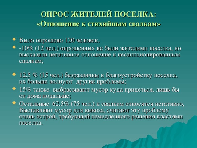 ОПРОС ЖИТЕЛЕЙ ПОСЕЛКА:  «Отношение к стихийным свалкам» Было опрошено 120 человек. -10% (12 чел.) опрошенных не были жителями поселка, но высказали негативное отношение к несанкционированным свалкам;   12.5 % (15 чел.) безразличны к благоустройству поселка, их больше волнуют другие проблемы; 15% также выбрасывают мусор куда придеться, лищь бы от дома подальше; Остальные 62.5% (75 чел.) к свалкам относятся негативно , Выставляют мусор для вывоза, считают эту проблему очень острой, требующей немедленного решения властями поселка. 