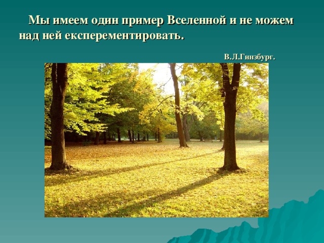 Мы имеем один пример Вселенной и не можем над ней експерементировать.                                                                                           В.Л.Гинзбург.  