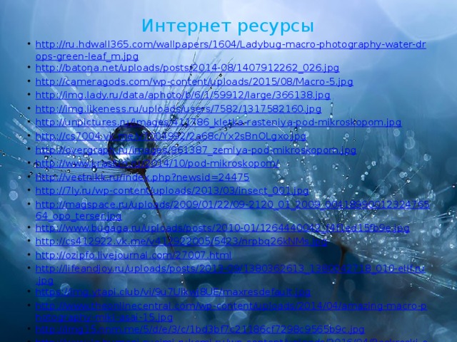 Интернет ресурсы http://ru.hdwall365.com/wallpapers/1604/Ladybug-macro-photography-water-drops-green-leaf_m.jpg http://batona.net/uploads/posts/2014-08/1407912262_026.jpg http://cameragods.com/wp-content/uploads/2015/08/Macro-5.jpg http://img.lady.ru/data/aphoto/b/6/1/59912/large/366138.jpg http://img.likeness.ru/uploads/users/7582/1317582160.jpg http://unpictures.ru/images/411786_kletka-rasteniya-pod-mikroskopom.jpg http://cs7004.vk.me/v7004992/2a68c/Yx2sBnOLgxo.jpg http://overgraph.ru/images/961387_zemlya-pod-mikroskopom.jpg http://www.krasfun.ru/2014/10/pod-mikroskopom/ http://vestnikk.ru/index.php?newsid=24475 http://7ly.ru/wp-content/uploads/2013/03/insect_001.jpg http://magspace.ru/uploads/2009/01/22/09-2120_01_2009_0041899001232476564_opo_terser.jpg http://www.bugaga.ru/uploads/posts/2010-01/1264440042_f4f1ed15fb9e.jpg http://cs412922.vk.me/v412922005/5423/nrpbq26kNMs.jpg http://ozipfo.livejournal.com/27007.html http://lifeandjoy.ru/uploads/posts/2013-09/1380362613_1380042718_010-ellf.ru.jpg https://img.ytapi.club/vi/9u7Uikwj8UE/maxresdefault.jpg http://www.theonlinecentral.com/wp-content/uploads/2014/04/amazing-macro-photography-miki-asai-15.jpg http://img15.nnm.me/5/d/e/3/c/1bd3bf7c21186cf7298c9565b9c.jpg http://www.iz-bumagi-svoimi-rukami.ru/wp-content/uploads/2016/04/Raskraski-antistress-24.jpg http://img1.joyreactor.cc/pics/post/%D0%9B%D0%B8%D1%81%D0%B0-%D0%B6%D0%B8%D0%B2%D0%BD%D0%BE%D1%81%D1%82%D1%8C-1593155.jpeg 