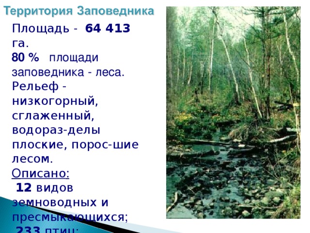 Площадь -  64 413 га.  80 %   площади заповедника - леса.  Рельеф - низкогорный, сглаженный, водораз-делы плоские, порос-шие лесом. О писано :  12 видов земноводных и пресмыкающихся ;  233 птиц;  45 млекопитающих;  50 видов рыб. 
