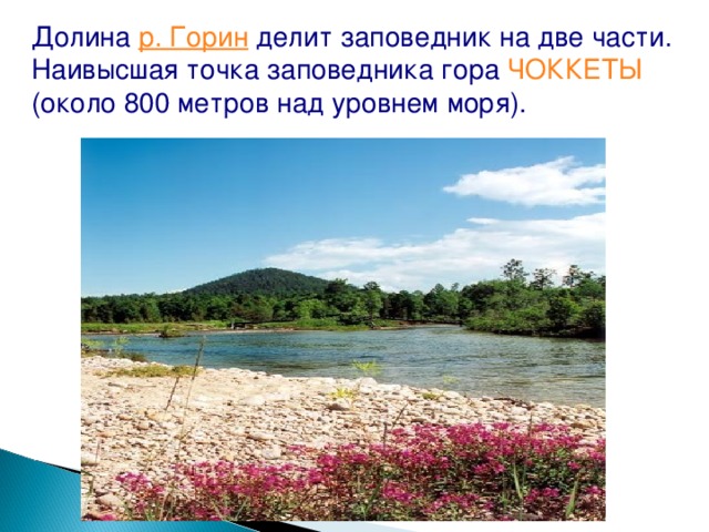Долина р. Горин делит заповедник на две части. Наивысшая точка заповедника гора ЧОККЕТЫ (около 800 метров над уровнем моря). 