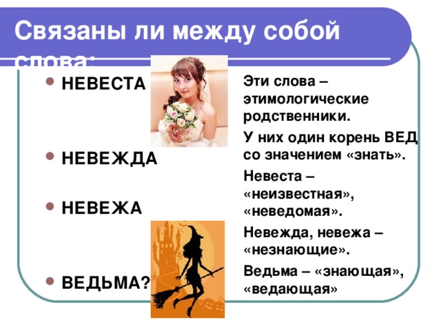Связаны ли между собой слова: Эти слова – этимологические родственники. У них один корень ВЕД со значением «знать». Невеста – «неизвестная», «неведомая». Невежда, невежа – «незнающие». Ведьма – «знающая», «ведающая» НЕВЕСТА   НЕВЕЖДА  НЕВЕЖА   ВЕДЬМА? 