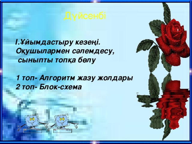 Дүйсенбі І.Ұйымдастыру кезеңі. Оқушылармен сәлемдесу,  сыныпты топқа бөлу  1 топ- Алгоритм жазу жолдары 2 топ- Блок-схема  