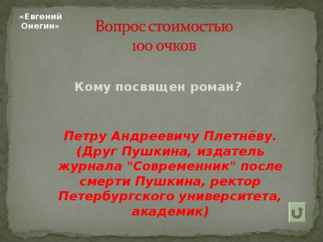 «Евгений Онегин»   Кому посвящен роман ?   Петру Андреевичу Плетнёву. (Друг Пушкина, издатель журнала 