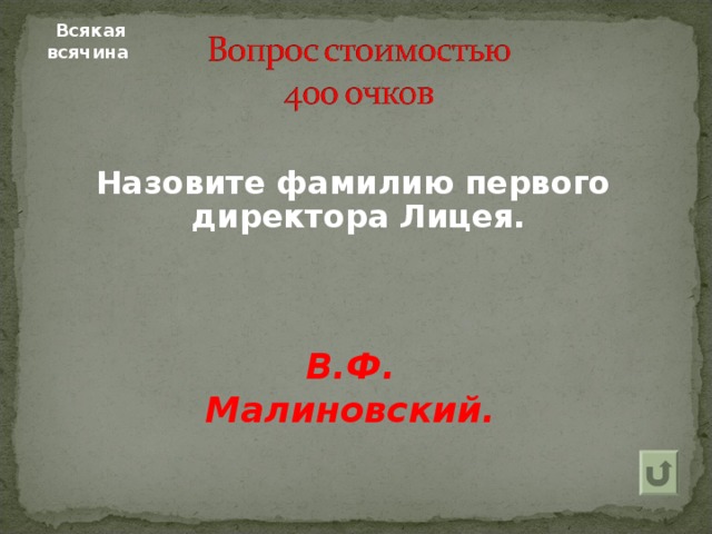 Всякая всячина  Назовите фамилию первого директора Лицея. В.Ф. Малиновский. 