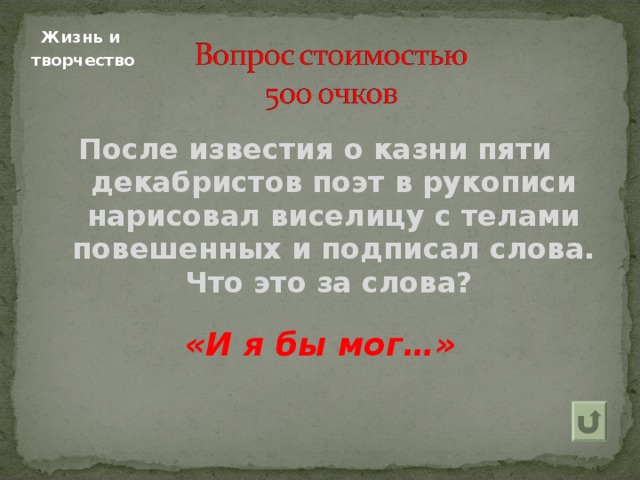 Жизнь и  творчество После известия о казни пяти декабристов поэт в рукописи нарисовал виселицу с телами повешенных и подписал слова. Что это за слова?   «И я бы мог…» 