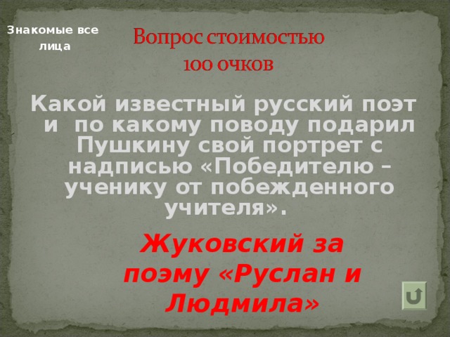 Знакомые все  лица Какой известный русский поэт и по какому поводу подарил Пушкину свой портрет с надписью «Победителю – ученику от побежденного учителя».   Жуковский за поэму «Руслан и Людмила» 