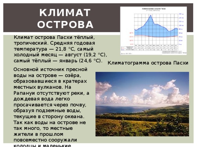 Климат острова Климат острова Пасхи тёплый, тропический. Средняя годовая температура — 21,8 °C, самый холодный месяц — август (19,2 °C), самый тёплый — январь (24,6 °C). Климатограмма острова Пасхи Основной источник пресной воды на острове — озёра, образовавшиеся в кратерах местных вулканов. На Рапануи отсутствуют реки, а дождевая вода легко просачивается через почву, образуя подземные воды, текущие в сторону океана. Так как воды на острове не так много, то местные жители в прошлом повсеместно сооружали колодцы и маленькие водохранилища. 