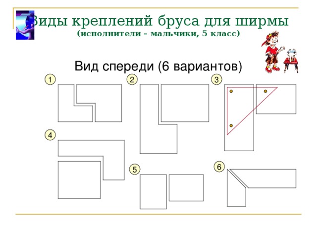 Виды креплений бруса для ширмы  (исполнители – мальчики, 5 класс) 