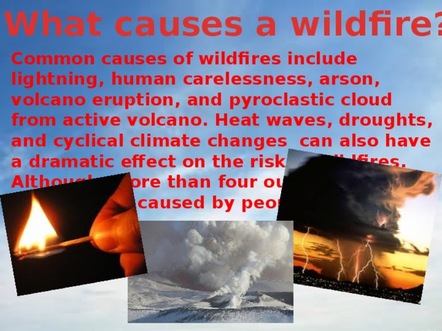What causes a wildfire? Common causes of wildfires include lightning, human carelessness, arson, volcano eruption, and pyroclastic cloud from active volcano. Heat waves, droughts, and cyclical climate changes can also have a dramatic effect on the risk of wildfires. Although, more than four out of every five wildfires are caused by people. 