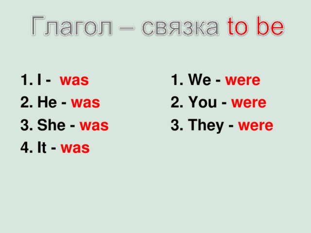 1. I - was 2 . He - was 3 . She - was 4 . It - was 1. We - were 2. You - were 3. They - were 
