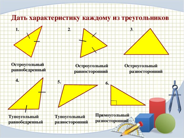 Дать характеристику каждому из треугольников 3 . 1. 2 . Остроугольный равнобедренный  Остроугольный  равносторонний  Остроугольный  разносторонний 4. 5. 6. Прямоугольный разносторонний Тупоугольный Тупоугольный равнобедренный разносторонний 