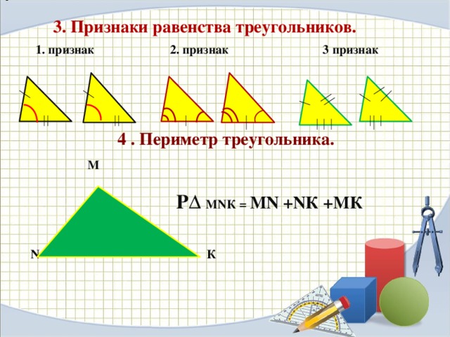     4 . Периметр треугольника.  М     N К   3. Признаки равенства треугольников.   1. признак 2. признак 3 признак   Р∆ МNК = МN +NК +МК  