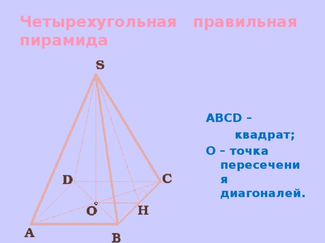 Четырехугольная правильная пирамида ABCD –  квадрат; О – точка пересечения диагоналей.  