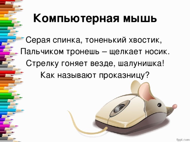 Компьютерная мышь Серая спинка, тоненький хвостик, Пальчиком тронешь – щелкает носик. Стрелку гоняет везде, шалунишка! Как называют проказницу? 