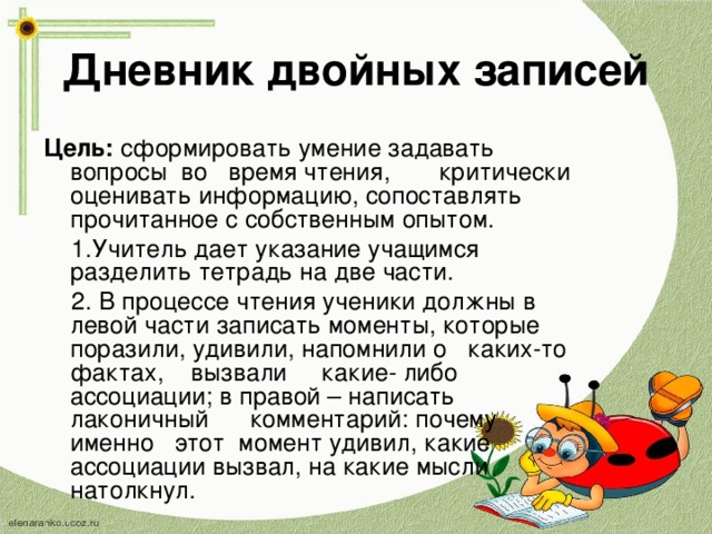 Дневник двойных записей Цель: сформировать умение задавать вопросы во время чтения, критически оценивать информацию, сопоставлять прочитанное с собственным опытом.  1.Учитель дает указание учащимся разделить тетрадь на две части.  2. В процессе чтения ученики должны в левой части записать моменты, которые поразили, удивили, напомнили о каких-то фактах, вызвали какие- либо ассоциации; в правой – написать лаконичный комментарий: почему именно этот момент удивил, какие ассоциации вызвал, на какие мысли натолкнул.   