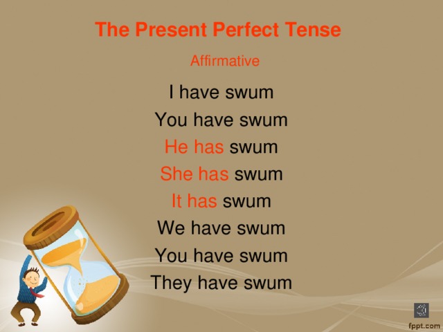 The Present Perfect Tense    Affirmative I have swum You have swum He has swum She has swum It has swum We have swum You have swum They have swum 