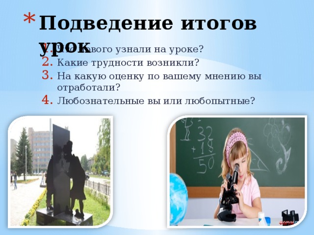 Подведение итогов урок Что нового узнали на уроке? Какие трудности возникли? На какую оценку по вашему мнению вы отработали? Любознательные вы или любопытные? 