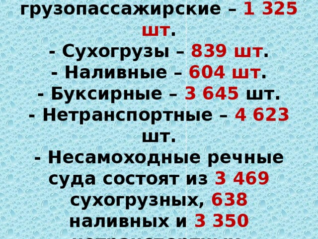 - Пассажирские и грузопассажирские – 1 325 шт .  - Сухогрузы – 839 шт .  - Наливные – 604 шт .  - Буксирные – 3 645 шт.  - Нетранспортные – 4 623 шт.  - Несамоходные речные суда состоят из 3 469 сухогрузных, 638 наливных и 3 350 нетранспортных.   