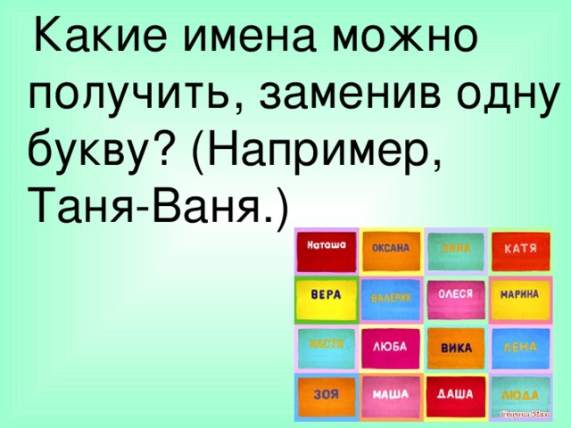  Какие имена можно получить, заменив одну букву? (Например, Таня-Ваня.) 