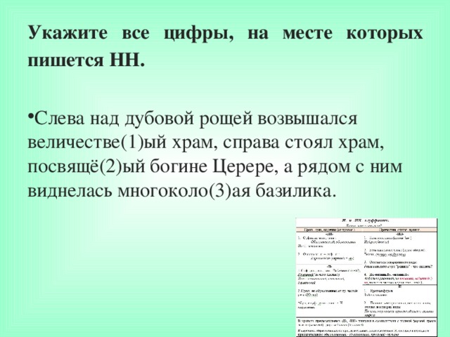 Укажите все цифры, на месте которых пишется НН. Слева над дубовой рощей возвышался величестве(1)ый храм, справа стоял храм, посвящё(2)ый богине Церере, а рядом с ним виднелась многоколо(3)ая базилика. 