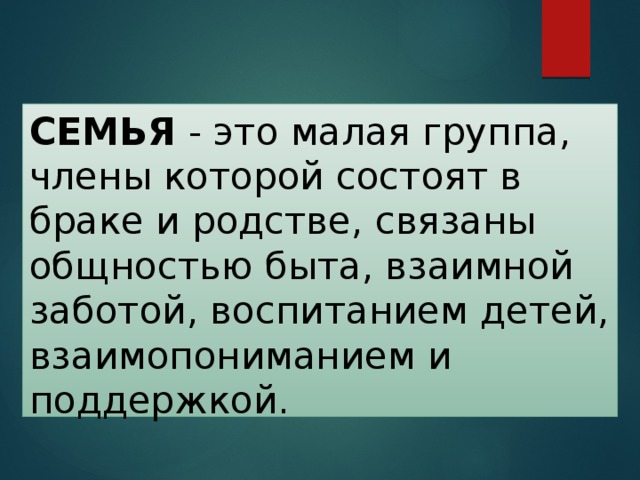 СЕМЬЯ - это малая группа, члены которой состоят в браке и родстве, связаны общностью быта, взаимной заботой, воспитанием детей, взаимопониманием и поддержкой. 