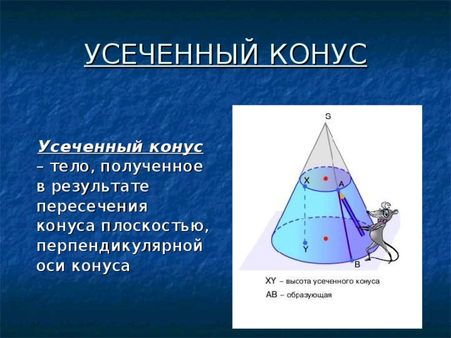 УСЕЧЕННЫЙ КОНУС  Усеченный конус – тело, полученное в результате пересечения конуса плоскостью, перпендикулярной оси конуса