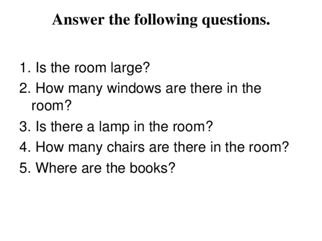 Answer the following questions. 1. Is the room large? 2. How many windows are there in the room? 3. Is there a lamp in the room? 4. How many chairs are there in the room? 5. Where are the books?