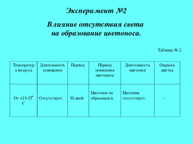 Эксперимент №2 Влияние отсутствия света  на образование цветоноса. Таблица № 2 Температура воздуха От +23-25 ̊ С Длительность освещения Период Отсутствует. Период появления цветоноса 30 дней Длительность цветения Цветонос не образовался. Цветение отсутствует. Окраска цветка  - 