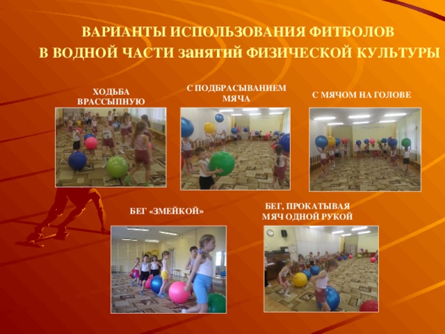 ВАРИАНТЫ ИСПОЛЬЗОВАНИЯ ФИТБОЛОВ  В ВОДНОЙ ЧАСТИ занятий ФИЗИЧЕСКОЙ КУЛЬТУРЫ С ПОДБРАСЫВАНИЕМ МЯЧА ХОДЬБА ВРАССЫПНУЮ  С МЯЧОМ НА ГОЛОВЕ БЕГ, ПРОКАТЫВАЯ МЯЧ ОДНОЙ РУКОЙ БЕГ «ЗМЕЙКОЙ » 