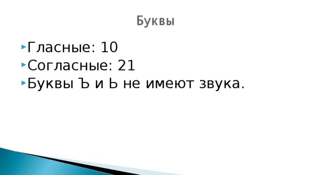 Гласные: 10 Согласные: 21 Буквы Ъ и Ь не имеют звука.