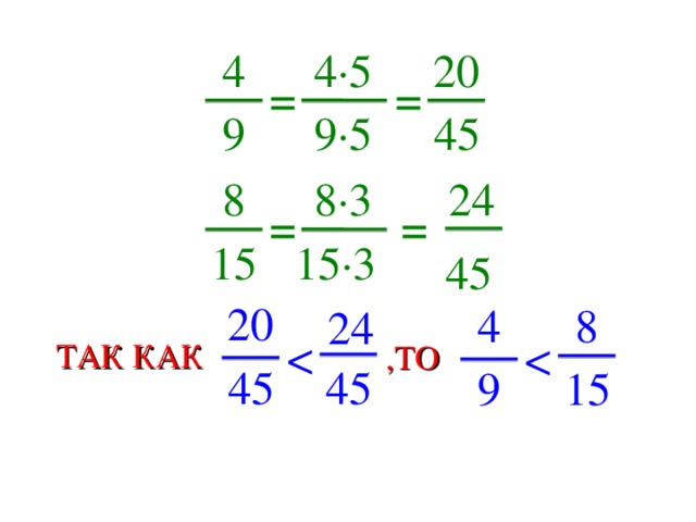 4 4∙5 20 = = 9 45 9∙5 8 24 8∙3 = = 15∙3 15 45 20 4 8 24 ТАК КАК ,ТО 45 45 9 15 