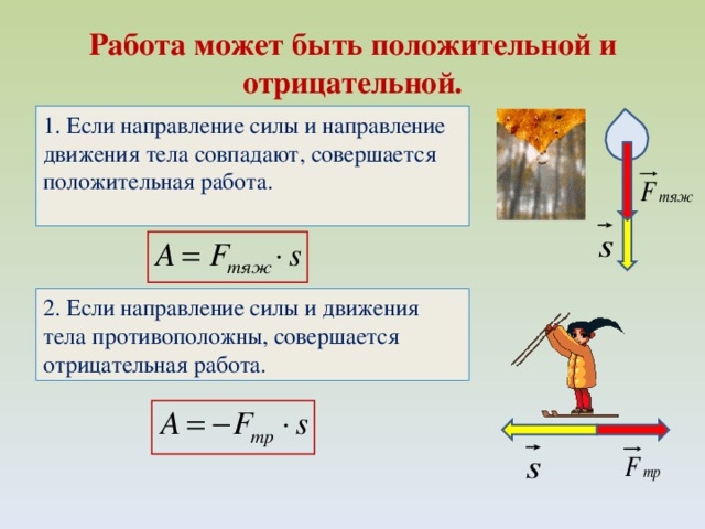 Работа может быть положительной и отрицательной. 1. Если направление силы и направление движения тела совпадают, совершается положительная работа. 2. Если направление силы и движения тела противоположны, совершается отрицательная работа. 