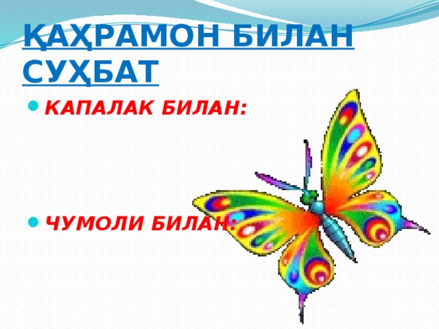 ҚАҲРАМОН БИЛАН СУҲБАТ КАПАЛАК БИЛАН: ЧУМОЛИ БИЛАН: 