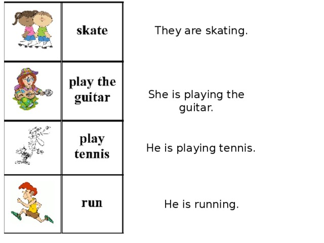 They are skating. She is playing the guitar. He is playing tennis. He is running. 