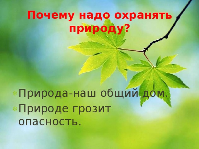 Почему надо охранять природу? Природа-наш общий дом. Природе грозит опасность. 