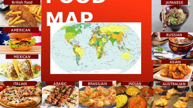 British food JAPANESE Food map AMERICAN RUSSIAN MEXICAN ASIAN ITALIAN BRASILIAN ARABIC INDIAN AUSTRALIAN