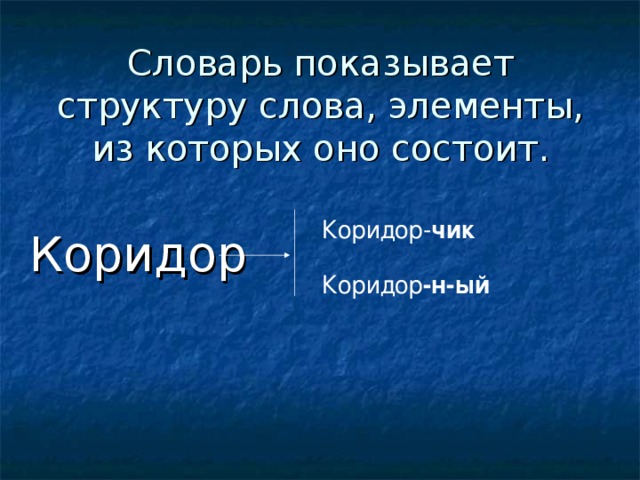 Словарь показывает структуру слова, элементы, из которых оно состоит.   Коридор- чик  Коридор -н-ый Коридор