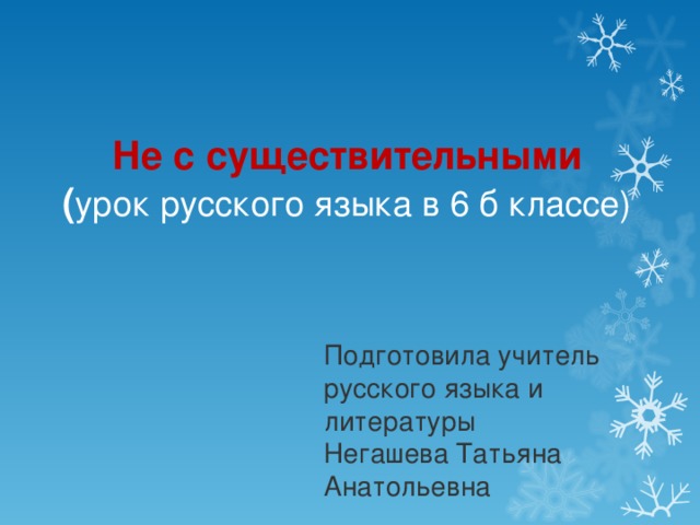 Не с существительными  ( урок русского языка в 6 б классе) Подготовила учитель русского языка и литературы Негашева Татьяна Анатольевна 