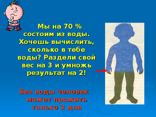  Мы на 70 % состоим из воды. Хочешь вычислить, сколько в тебе воды? Раздели свой вес на 3 и умножь результат на 2! Без воды человек может прожить только 3 дня  
