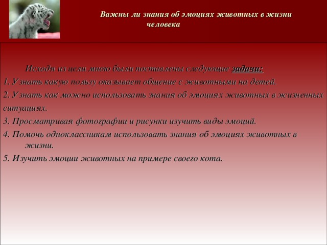   Важны ли знания об эмоциях животных в жизни человека   Исходя из цели мною были поставлены следующие задачи: 1. Узнать какую пользу оказывает общение с животными на детей. 2. Узнать как можно использовать знания об эмоциях животных в жизненных ситуациях. 3. Просматривая фотографии и рисунки изучить виды эмоций. 4. Помочь одноклассникам использовать знания об эмоциях животных в жизни. 5. Изучить эмоции животных на примере своего кота.       