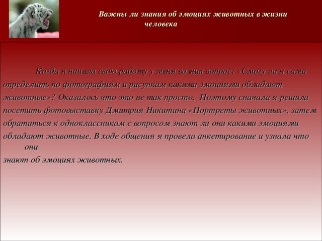   Важны ли знания об эмоциях животных в жизни человека    Когда я начала свою работу у меня возник вопрос: «Смогу ли я сама определить по фотографиям и рисункам какими эмоциями обладают животные»? Оказалось что это не так просто. Поэтому сначала я решила посетить фотовыставку Дмитрия Никитина «Портреты животных», затем обратиться к одноклассникам с вопросом знают ли они какими эмоциями обладают животные. В ходе общения я провела анкетирование и узнала что они знают об эмоциях животных.       