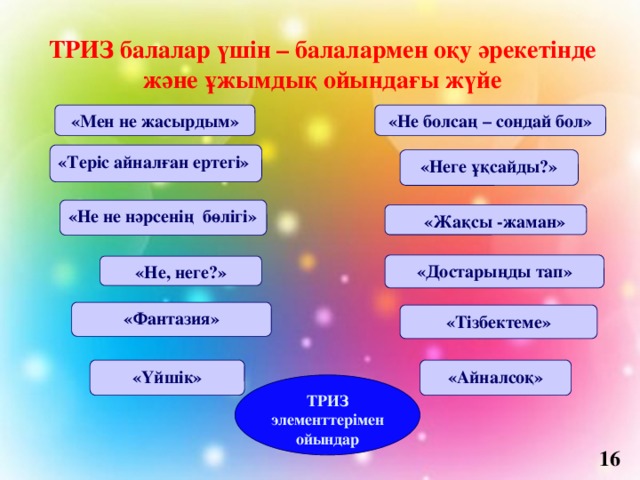ТРИЗ балалар үшін – балалармен оқу әрекетінде және ұжымдық ойындағы жүйе «Мен не жасырдым» «Не болсаң – сондай бол» «Теріс айналған ертегі» «Неге ұқсайды?» «Не не нәрсенің бөлігі»  «Жақсы -жаман» «Достарыңды тап» «Не, неге?» «Фантазия» «Тізбектеме» «Үйшік» «Айналсоқ» ТРИЗ элементтерімен ойындар 16 