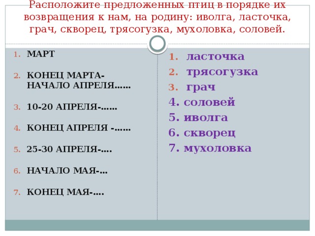 Расположите предложенных птиц в порядке их возвращения к нам, на родину: иволга, ласточка, грач, скворец, трясогузка, мухоловка, соловей.   МАРТ КОНЕЦ МАРТА- НАЧАЛО АПРЕЛЯ…… 10-20 АПРЕЛЯ-…… КОНЕЦ АПРЕЛЯ -…… 25-30 АПРЕЛЯ-…. НАЧАЛО МАЯ-… КОНЕЦ МАЯ-…. ласточка трясогузка грач  4. соловей 5. иволга 6. скворец 7. мухоловка 