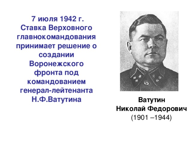 Командующий воронежским фронтом в курской битве. Командующий воронежским фронтом 1942-1943. Командующий воронежским фронтом в 1942.