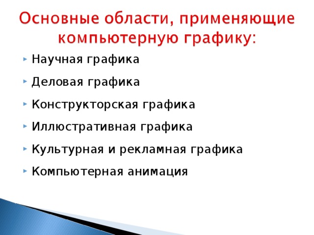 Научная графика Деловая графика Конструкторская графика Иллюстративная графика Культурная и рекламная графика Компьютерная анимация 